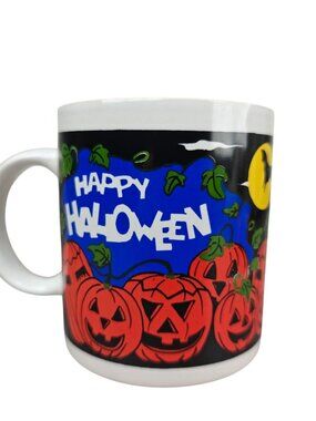 Vintage Happy Halloween Ceramic Mug Pumpkin Bat Full Moon Graphic 3 1/2"